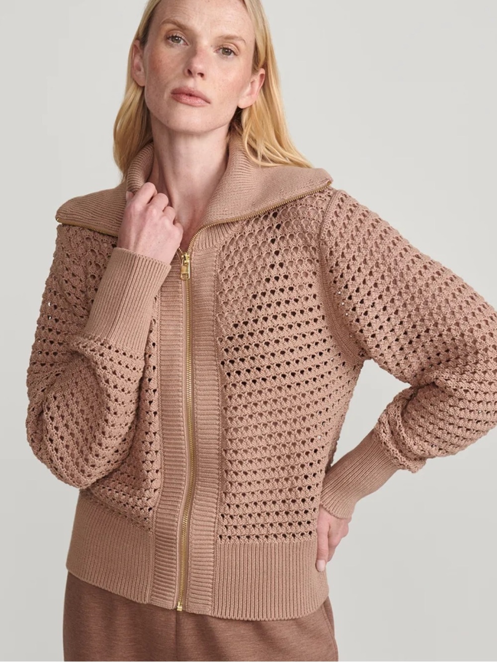 Varley Open-Knit Zip Cardigan in Taupe